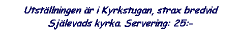 Textruta: Utstllningen r i Kyrkstugan, strax bredvid Sjlevads kyrka. Servering: 25:- 
ppettider: Tisdag  sndag 11.00-19.00
 
